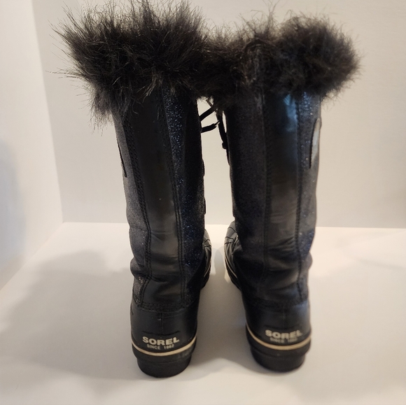 Sorel Womens Tofino Black Glitter Faux Fur Lace Up Waterproof Boots, Size 10 - Picture 4 of 7